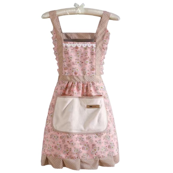 Bee Happy Market Boutique Accessories - Apron Bib Sweet Vintage Retro Vibe  Pockets Waist Tie Floral Polka Dot Pink Tan